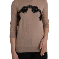 Dolce & Gabbana Brown Wool Black Lace 3/4 Sleeve Blouse Top