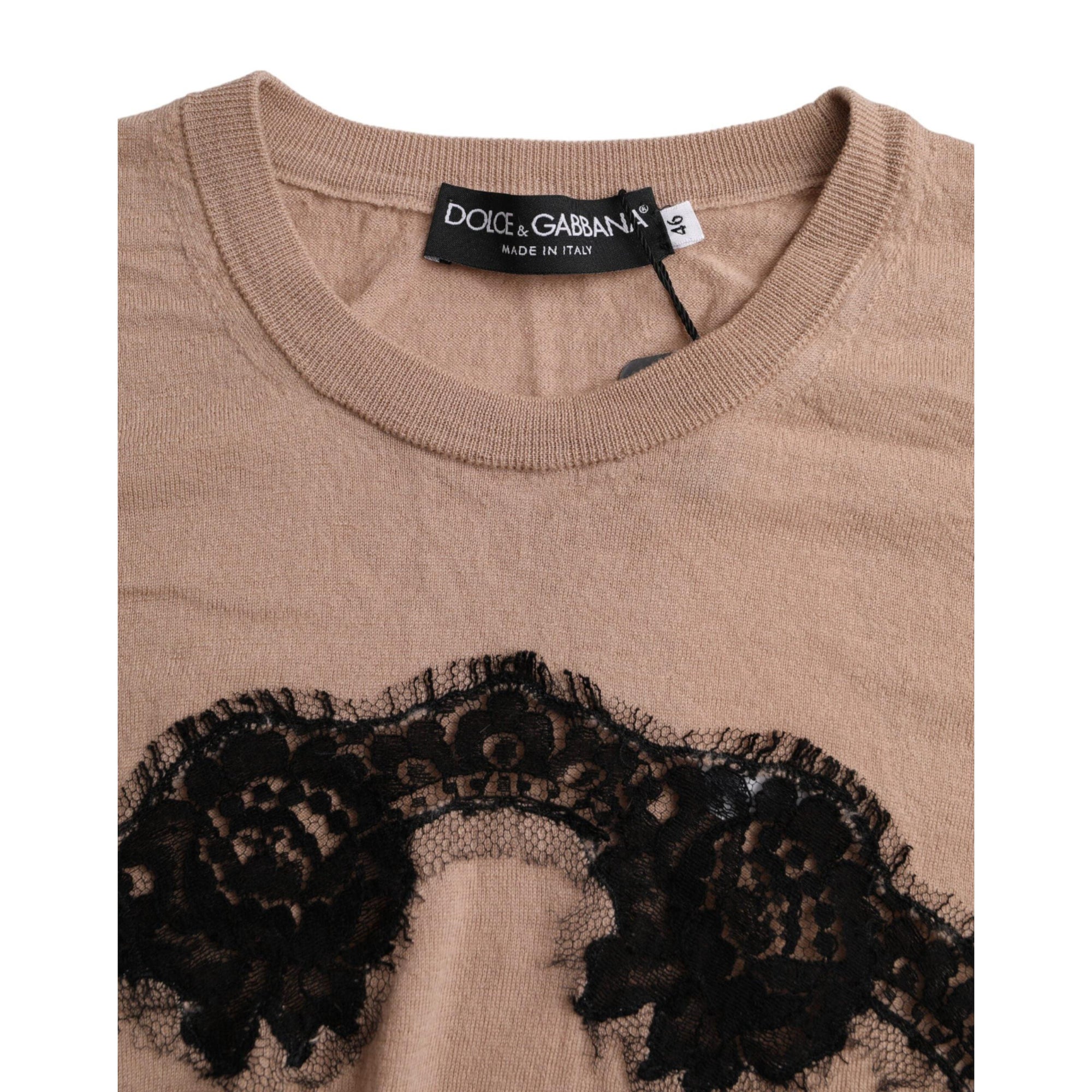 Dolce &amp; Gabbana Brown Wool Black Lace 3/4 Sleeve Blouse Top