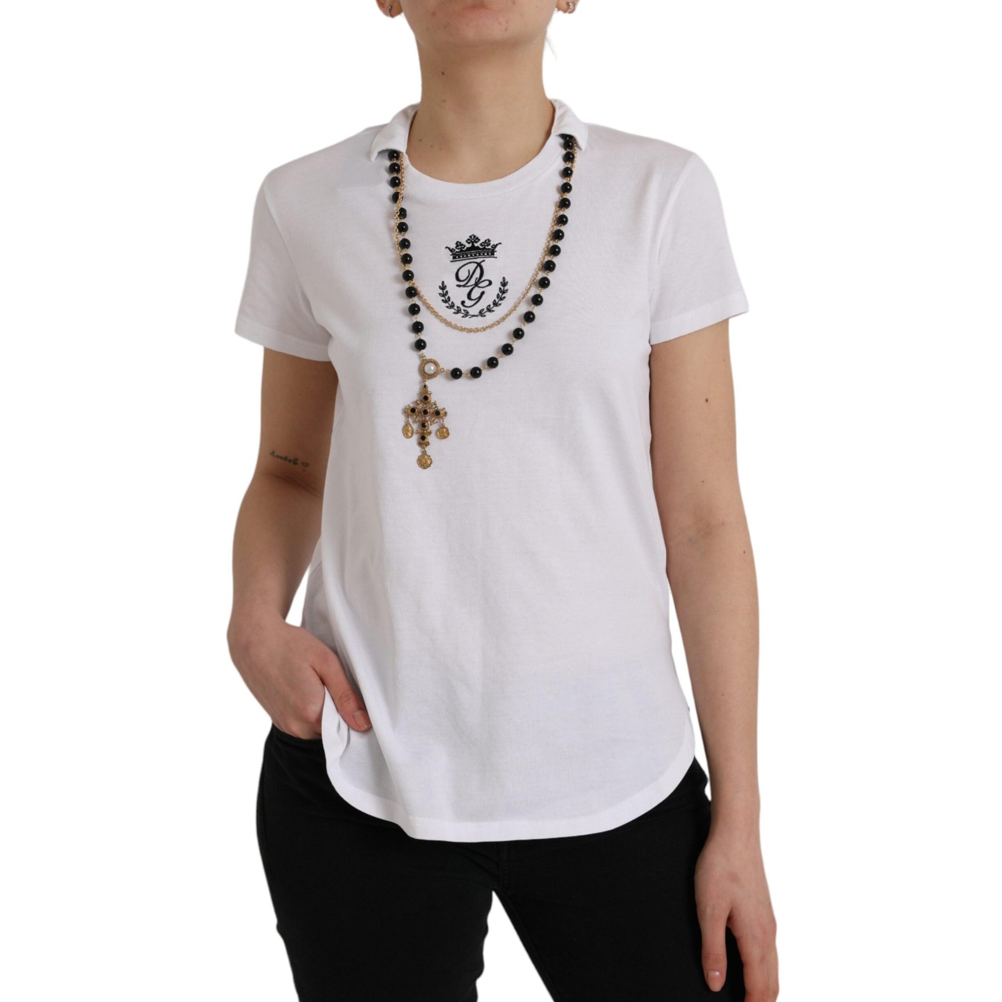 Dolce &amp; Gabbana White Cotton Necklace Short Sleeves T-shirt