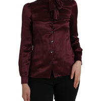 Dolce & Gabbana Maroon Ascot Collar Long Sleeve Top Blouse