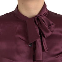 Dolce & Gabbana Maroon Ascot Collar Long Sleeve Top Blouse