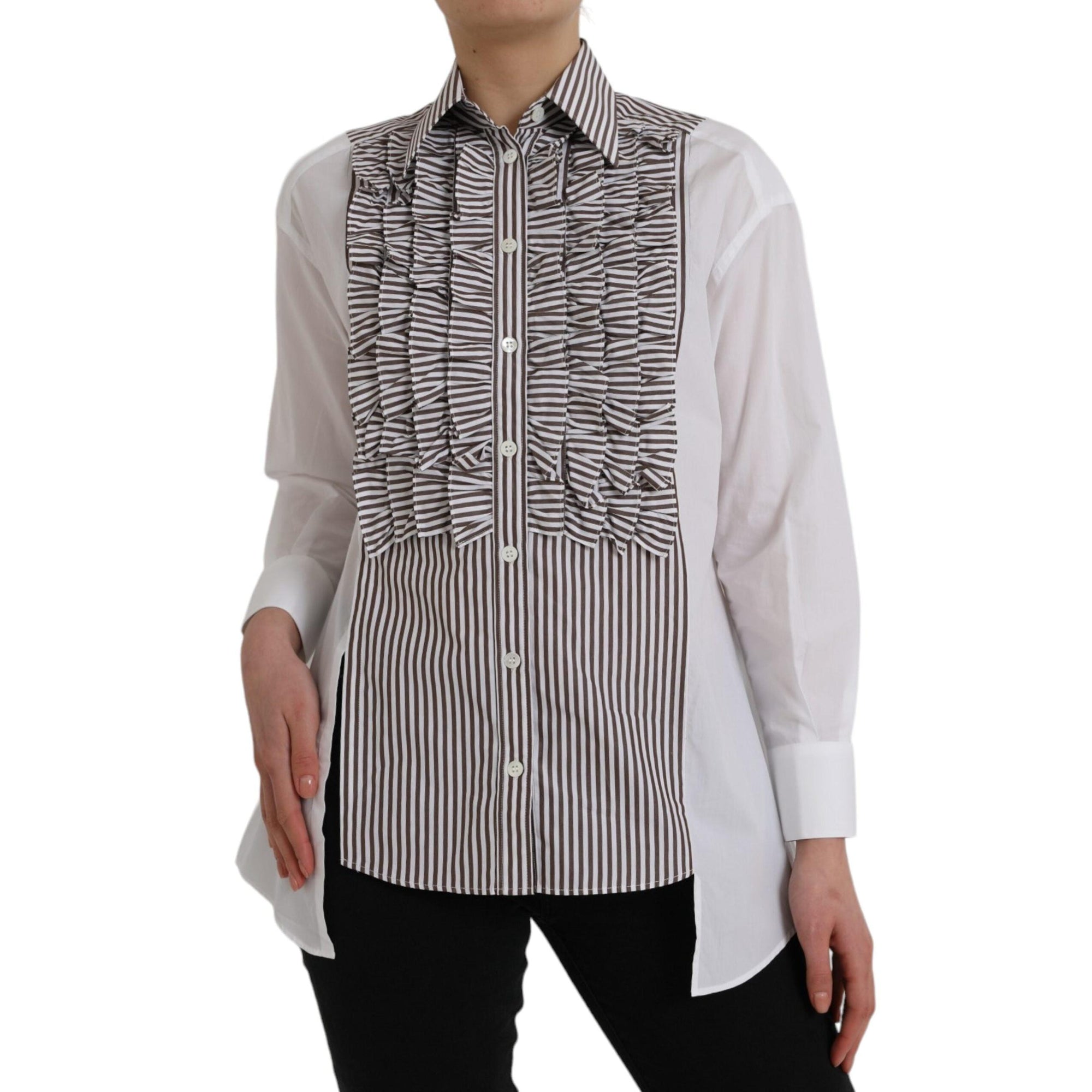 Dolce &amp; Gabbana White Stripes Cotton Long Sleeves Ruffle Collar Top