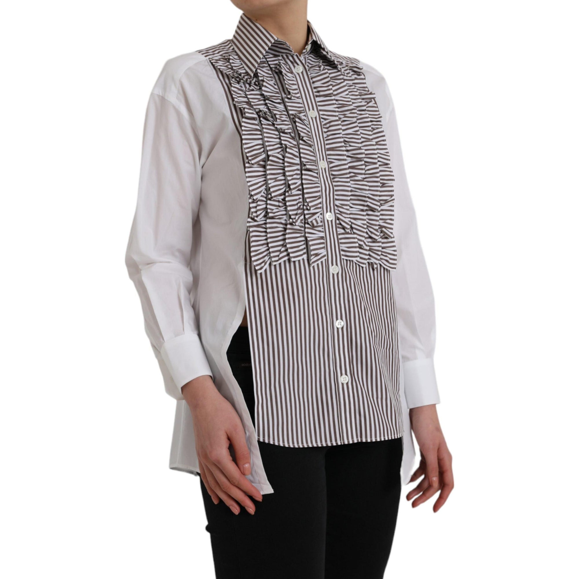 Dolce &amp; Gabbana White Stripes Cotton Long Sleeves Ruffle Collar Top