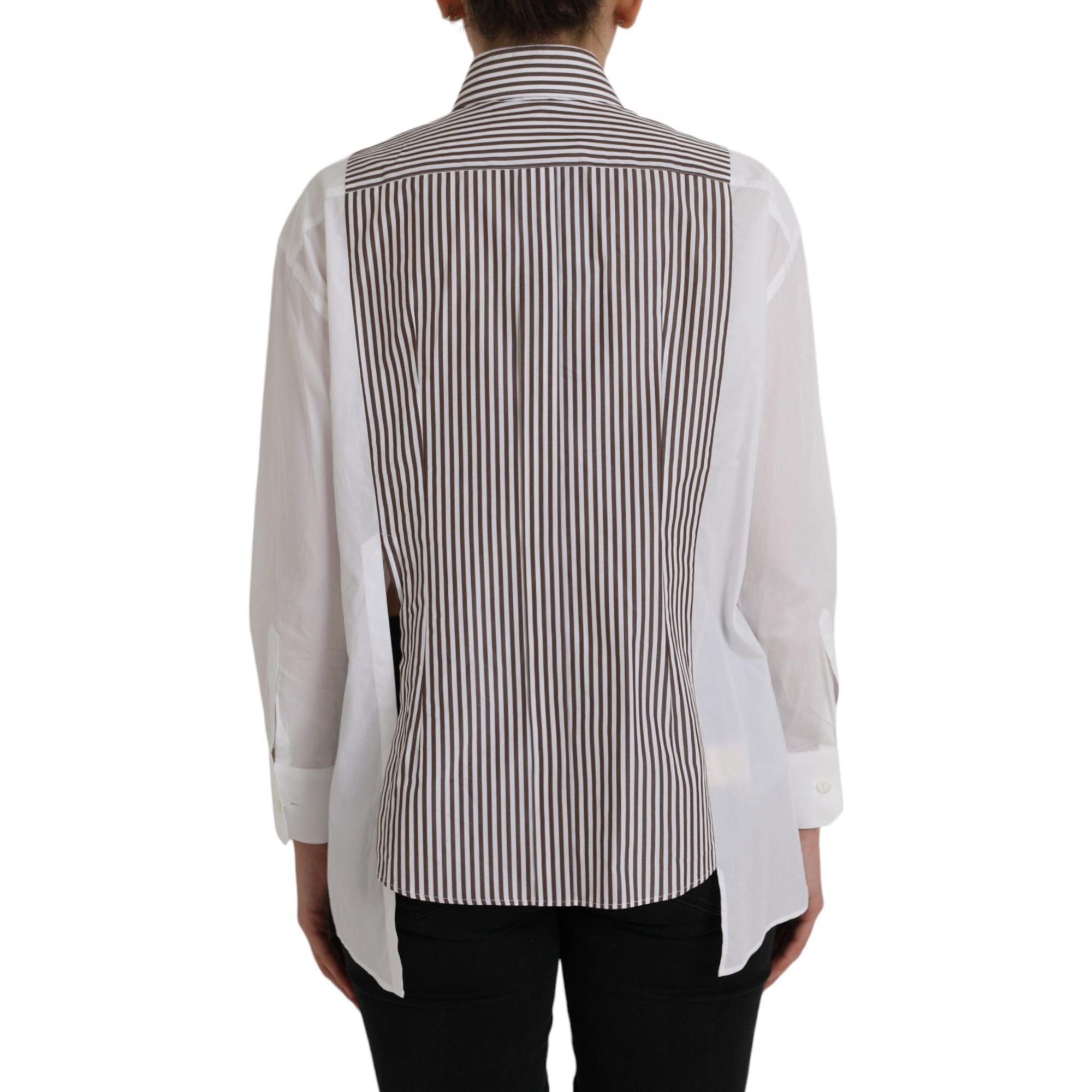 Dolce &amp; Gabbana White Stripes Cotton Long Sleeves Ruffle Collar Top