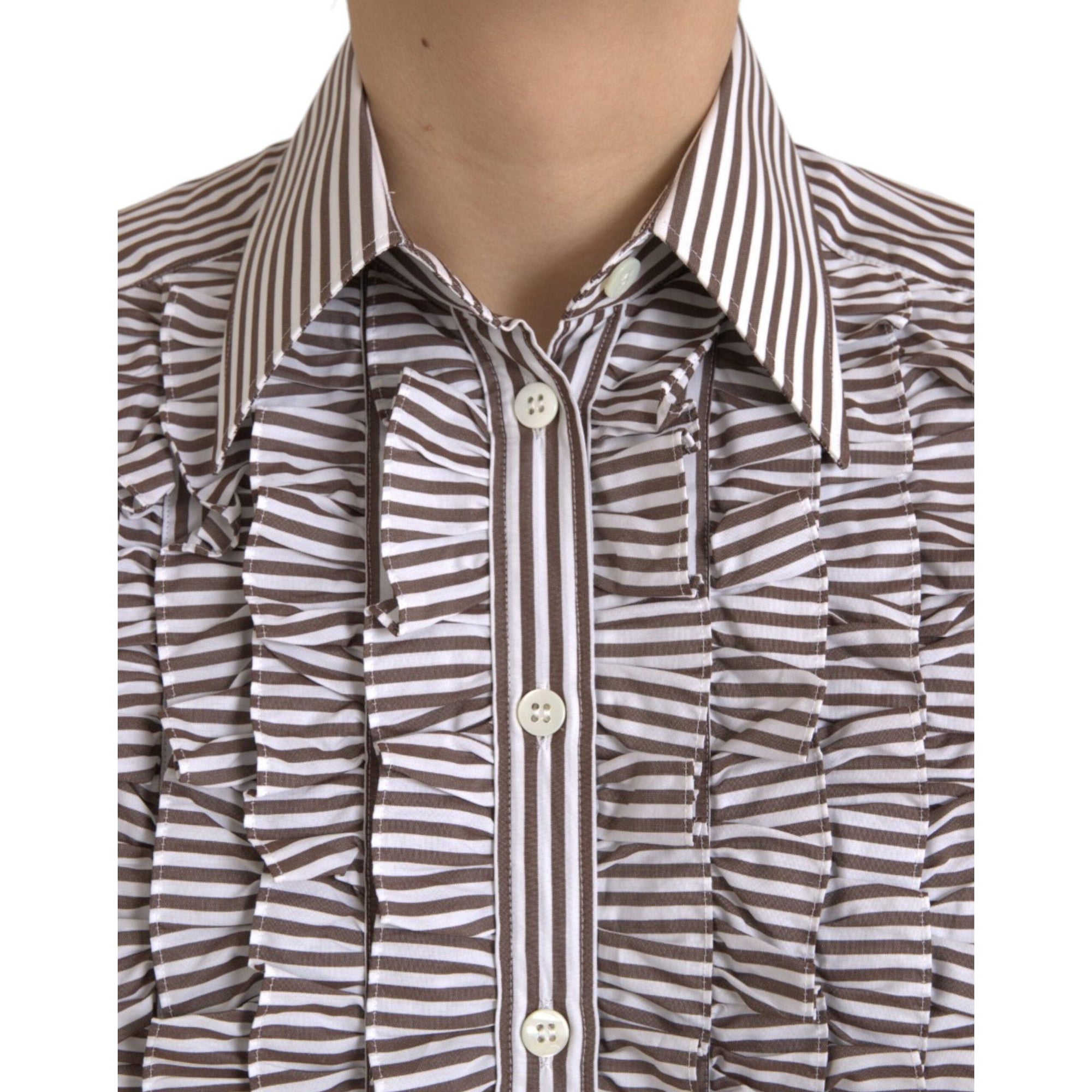 Dolce &amp; Gabbana White Stripes Cotton Long Sleeves Ruffle Collar Top