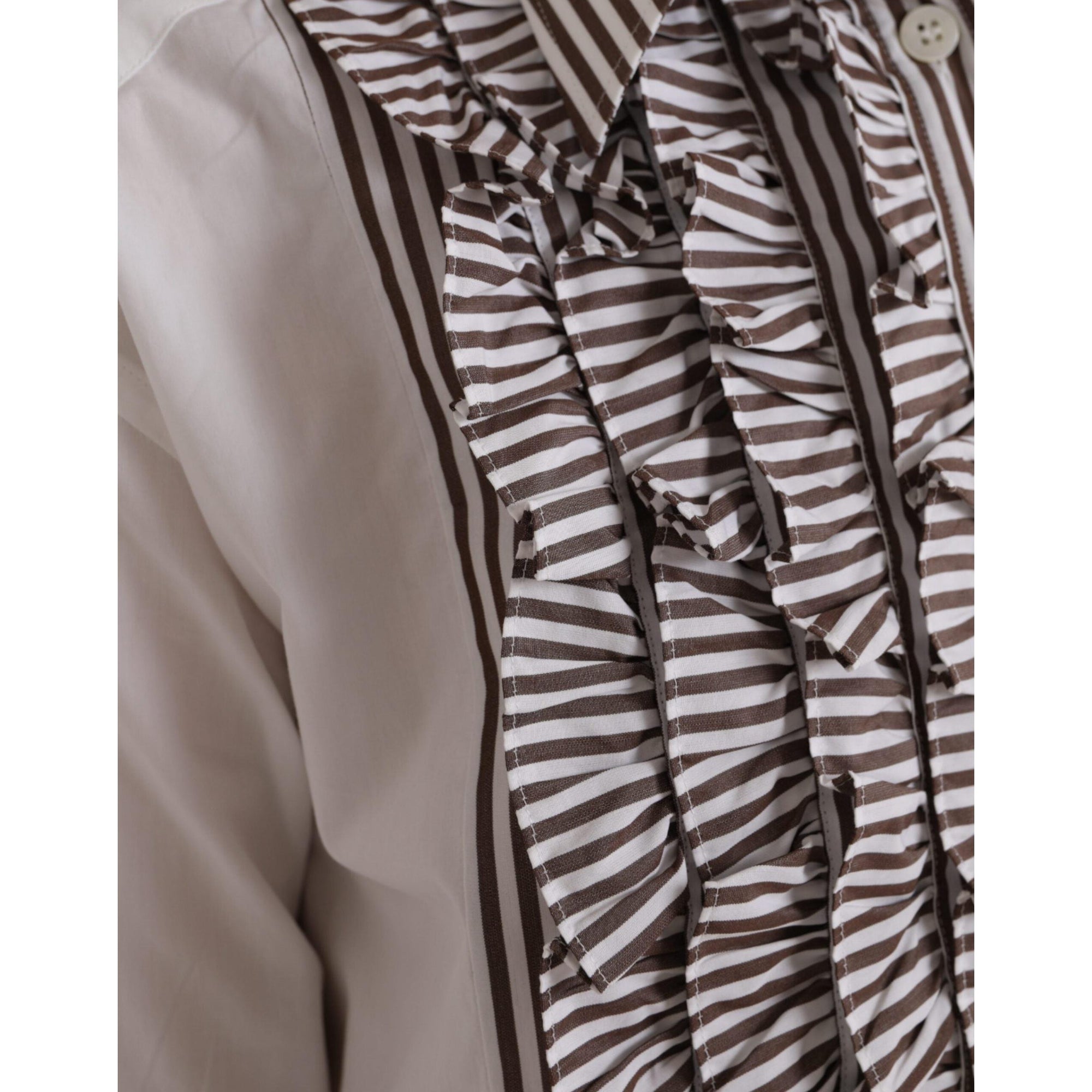 Dolce &amp; Gabbana White Stripes Cotton Long Sleeves Ruffle Collar Top