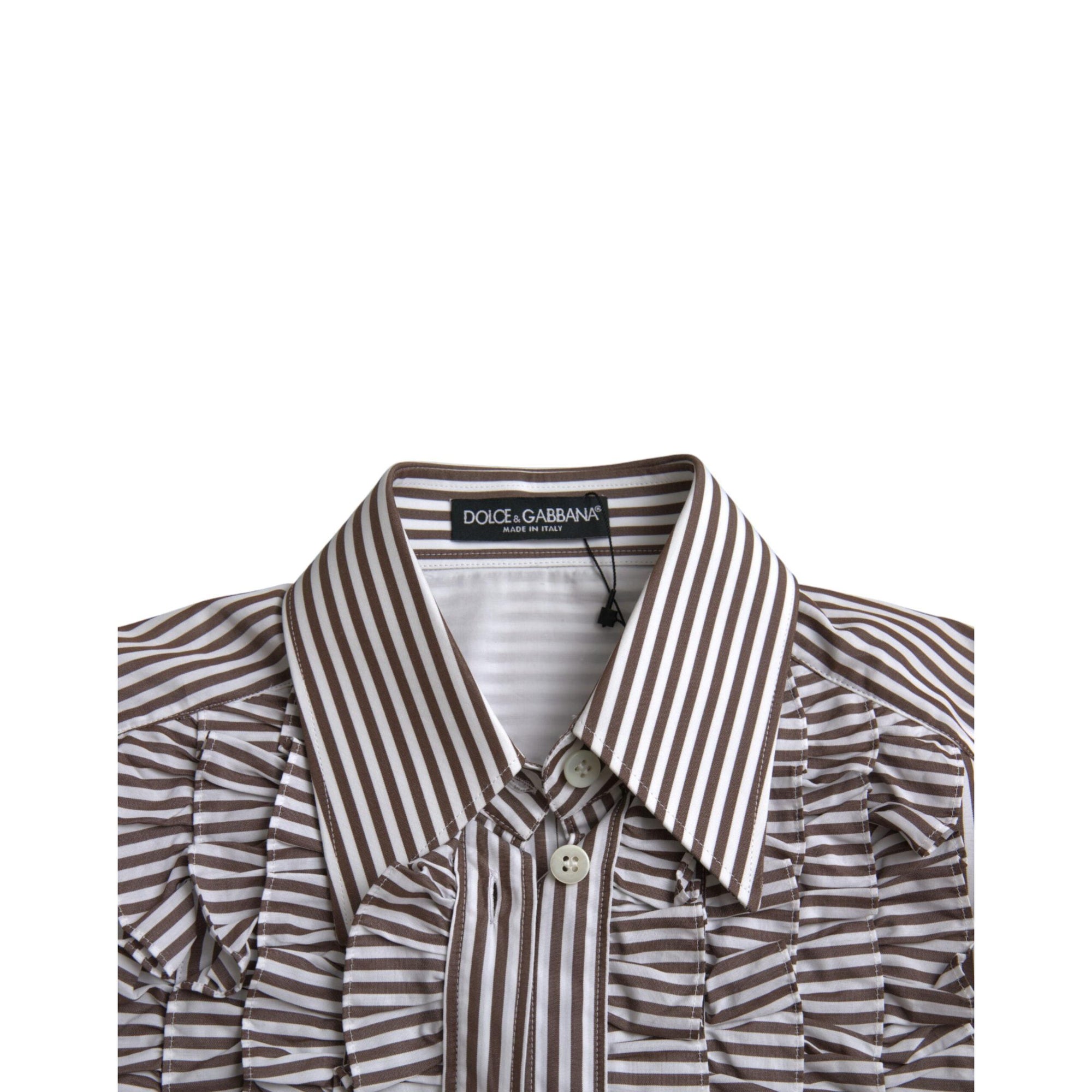 Dolce &amp; Gabbana White Stripes Cotton Long Sleeves Ruffle Collar Top