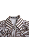 Dolce & Gabbana White Stripes Cotton Long Sleeves Ruffle Collar Top