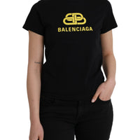 Balenciaga Black Cotton Logo Print Crew Neck Short Sleeves T-shirt