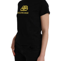 Balenciaga Black Cotton Logo Print Crew Neck Short Sleeves T-shirt