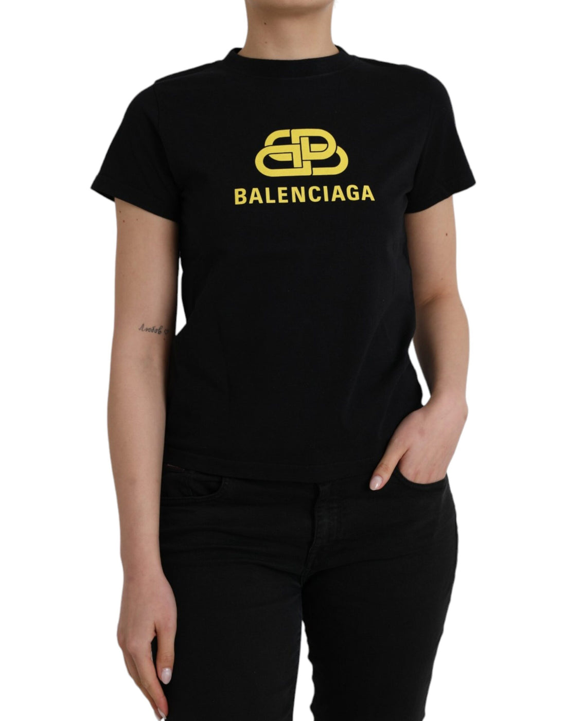 Balenciaga Black Cotton Logo Print Crew Neck Short Sleeves T-shirt