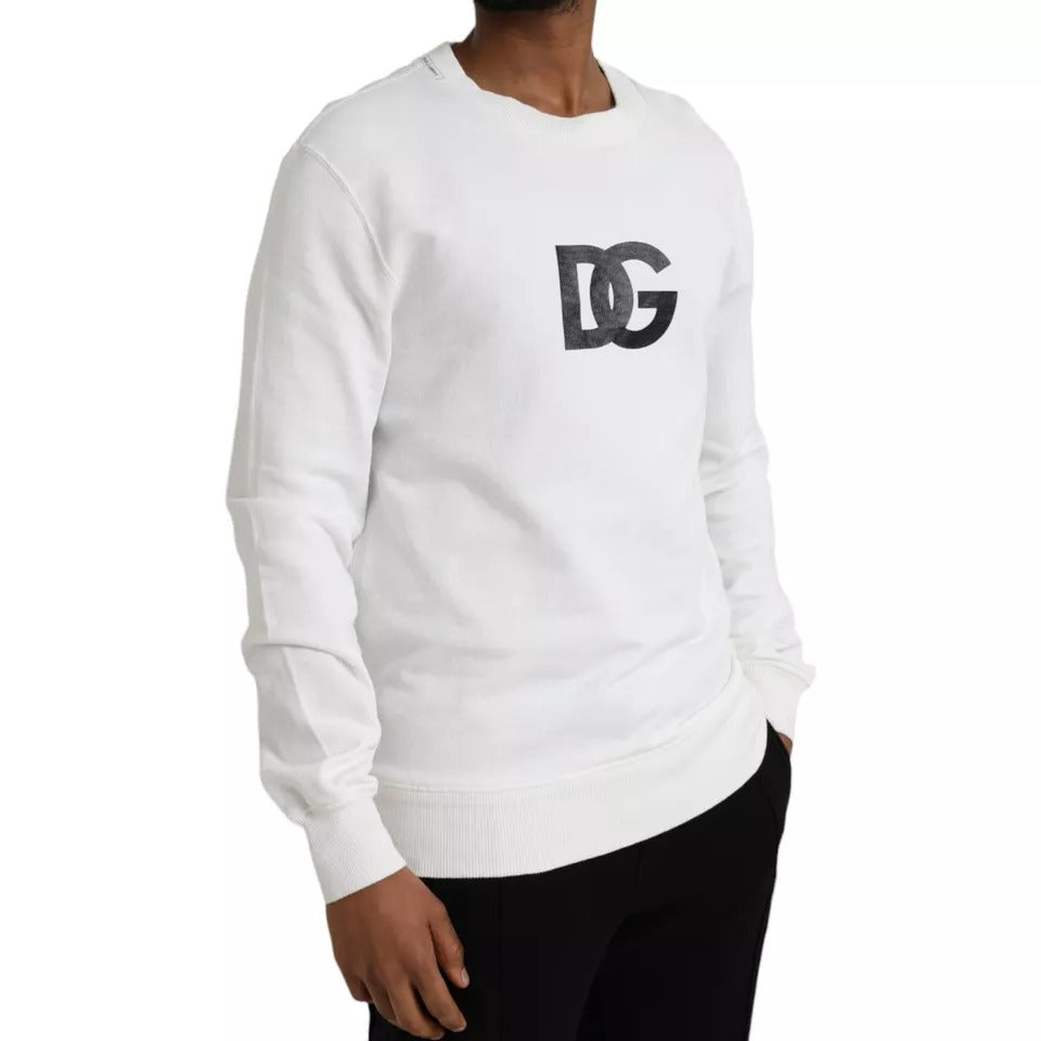 Dolce & Gabbana White Logo Cotton Crew Neck Pullover Sweater