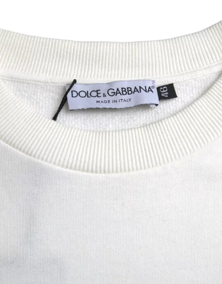 Dolce &amp; Gabbana White Logo Cotton Crew Neck Pullover Sweater