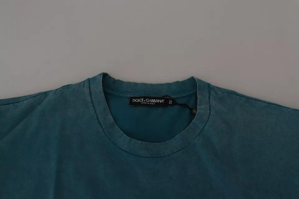 Dolce &amp; Gabbana Blue Logo Print Crewneck Tee Cotton T-shirt