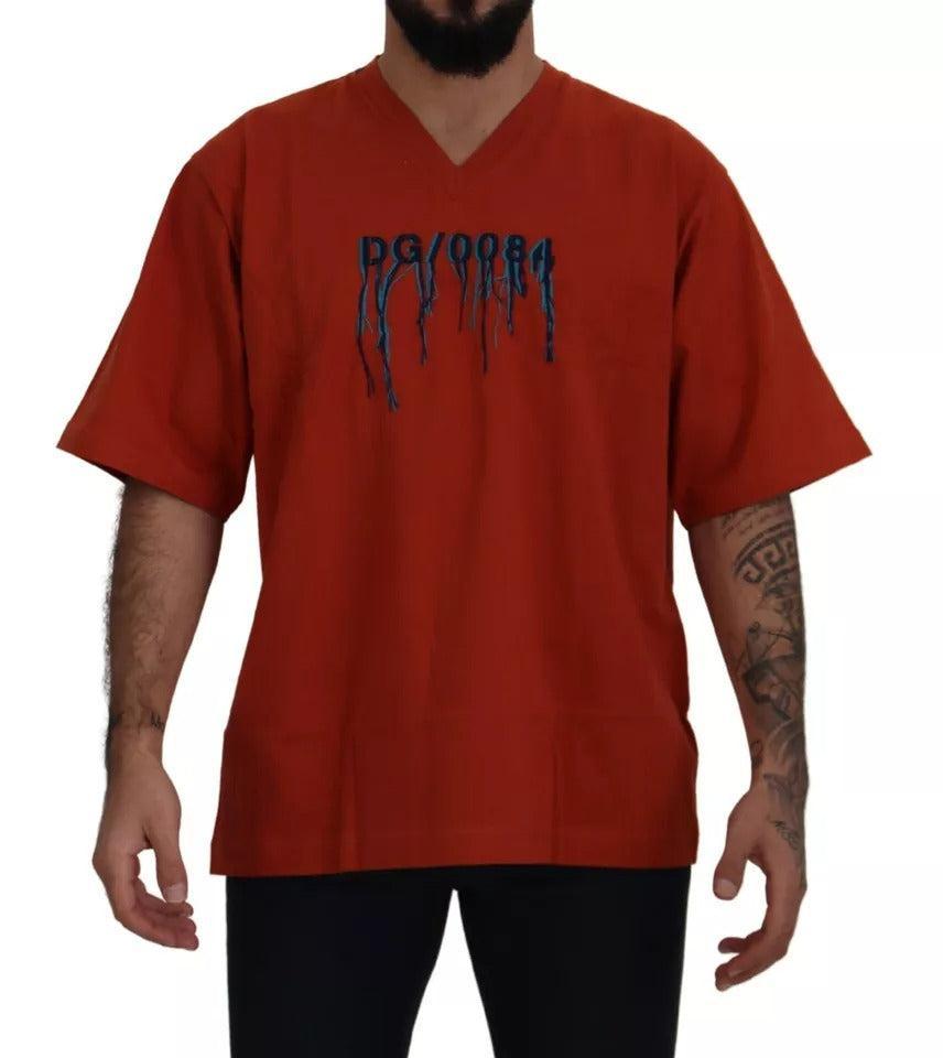 Dolce &amp; Gabbana Red Logo Embroidery Crewneck Cotton T-shirt
