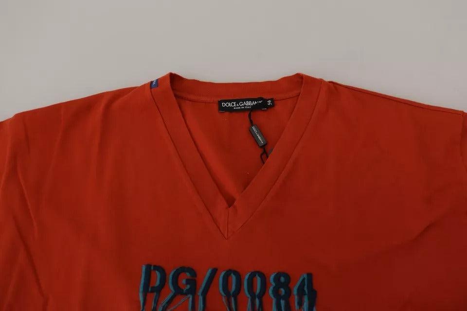 Dolce &amp; Gabbana Red Logo Embroidery Crewneck Cotton T-shirt