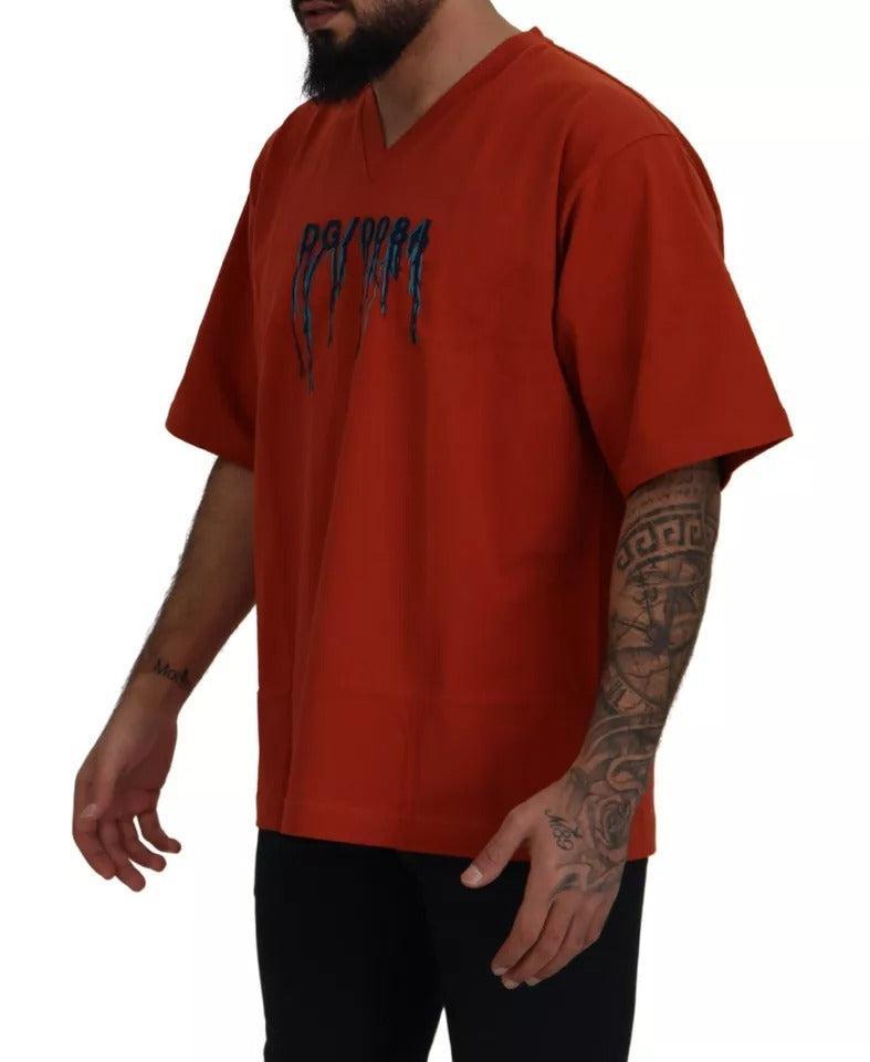 Dolce &amp; Gabbana Red Logo Embroidery Crewneck Cotton T-shirt