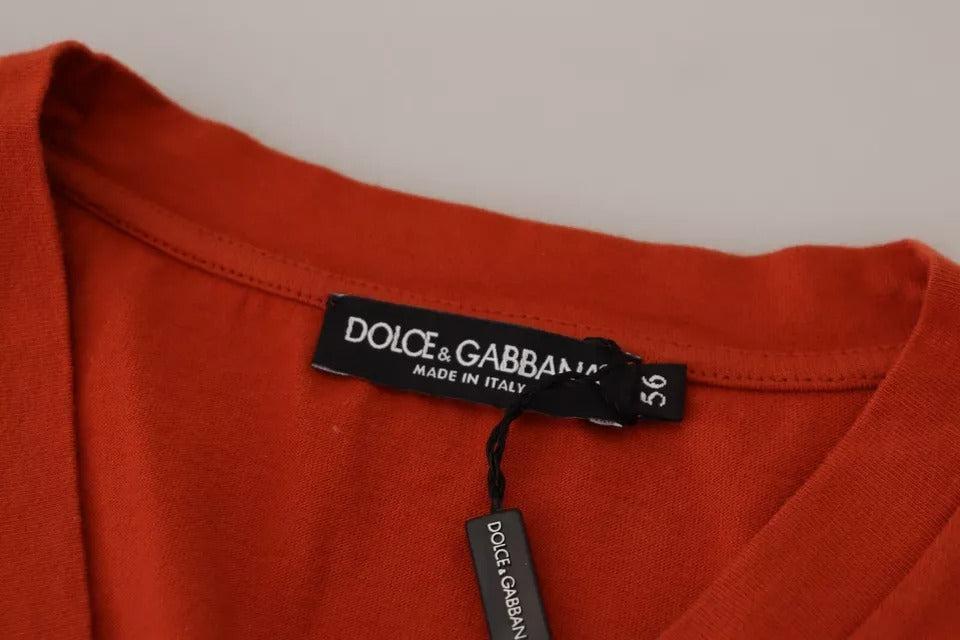 Dolce &amp; Gabbana Red Logo Embroidery Crewneck Cotton T-shirt