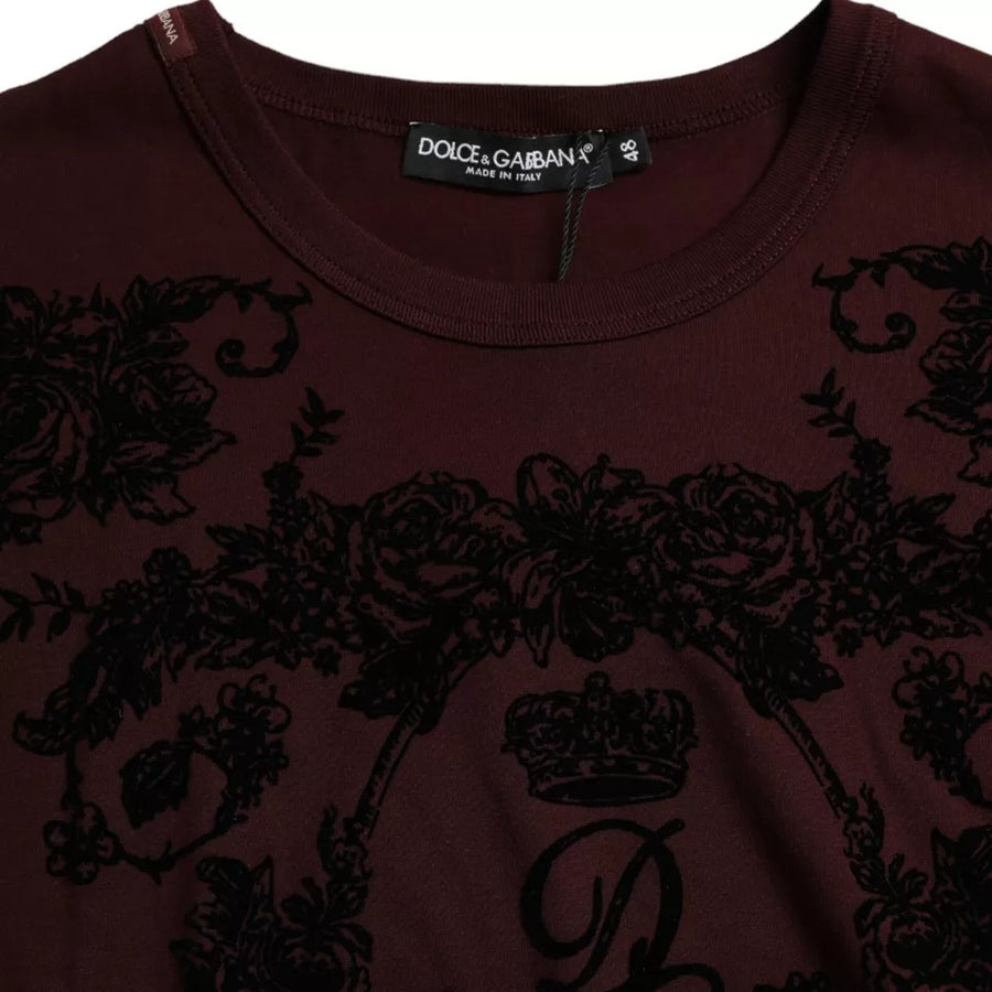 Dolce & Gabbana Maroon DG Crown Floral Crewneck Men T-shirt