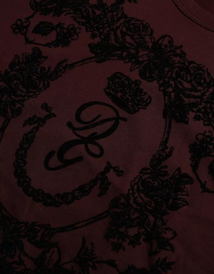 Dolce &amp; Gabbana Maroon DG Crown Floral Crewneck Men T-shirt