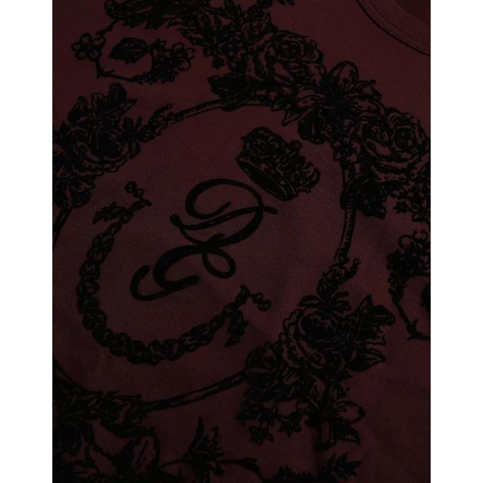 Dolce &amp; Gabbana Maroon DG Crown Floral Crewneck Men T-shirt