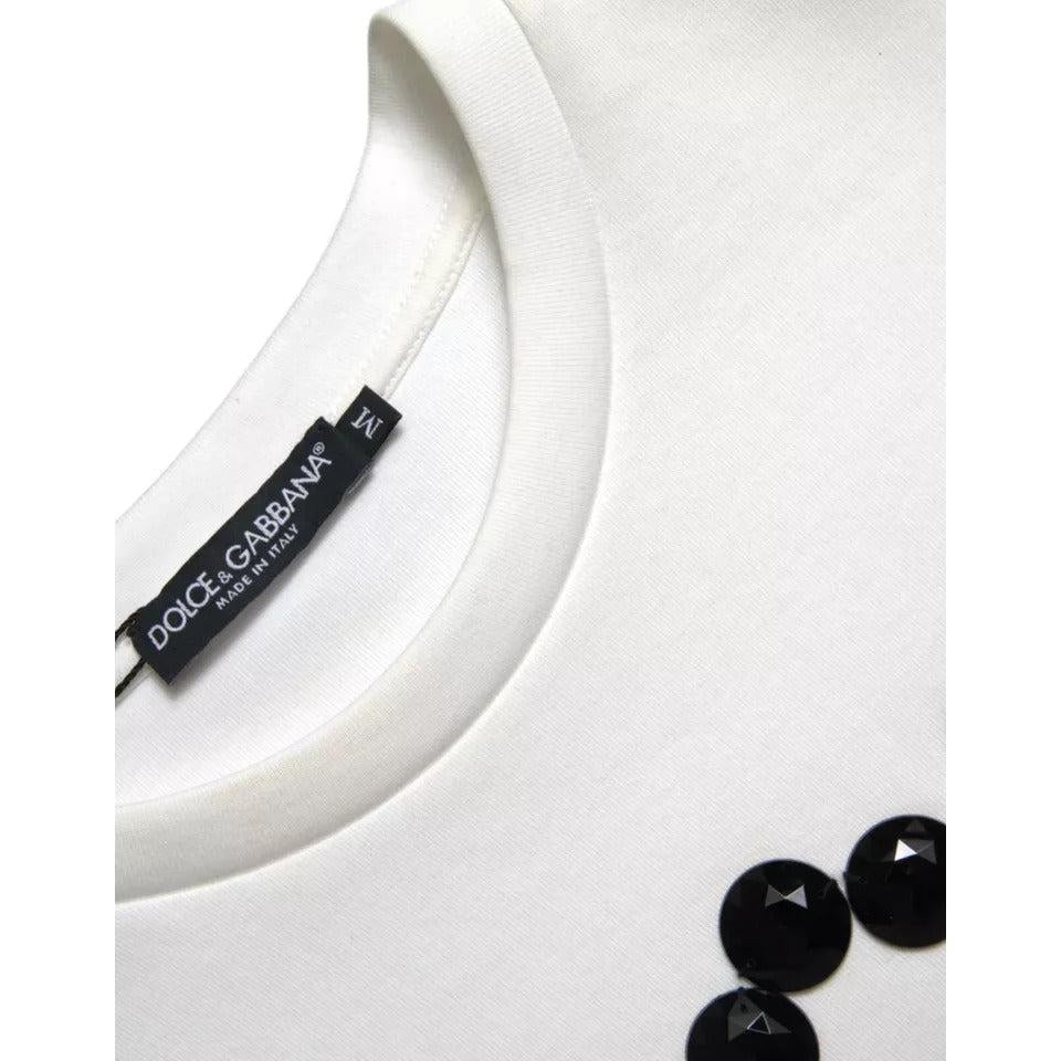 Dolce &amp; Gabbana White Cotton Black HOT Crystal Top T-shirt