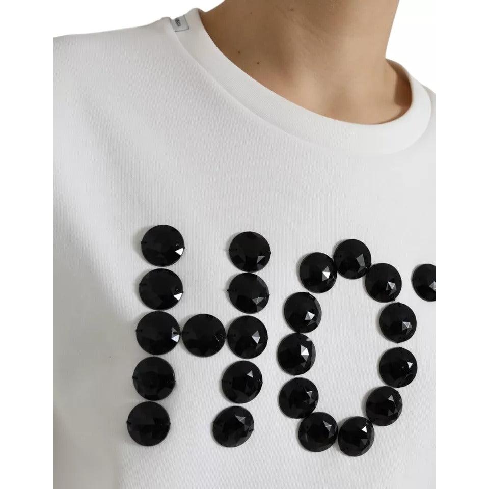 Dolce &amp; Gabbana White Cotton Black HOT Crystal Top T-shirt