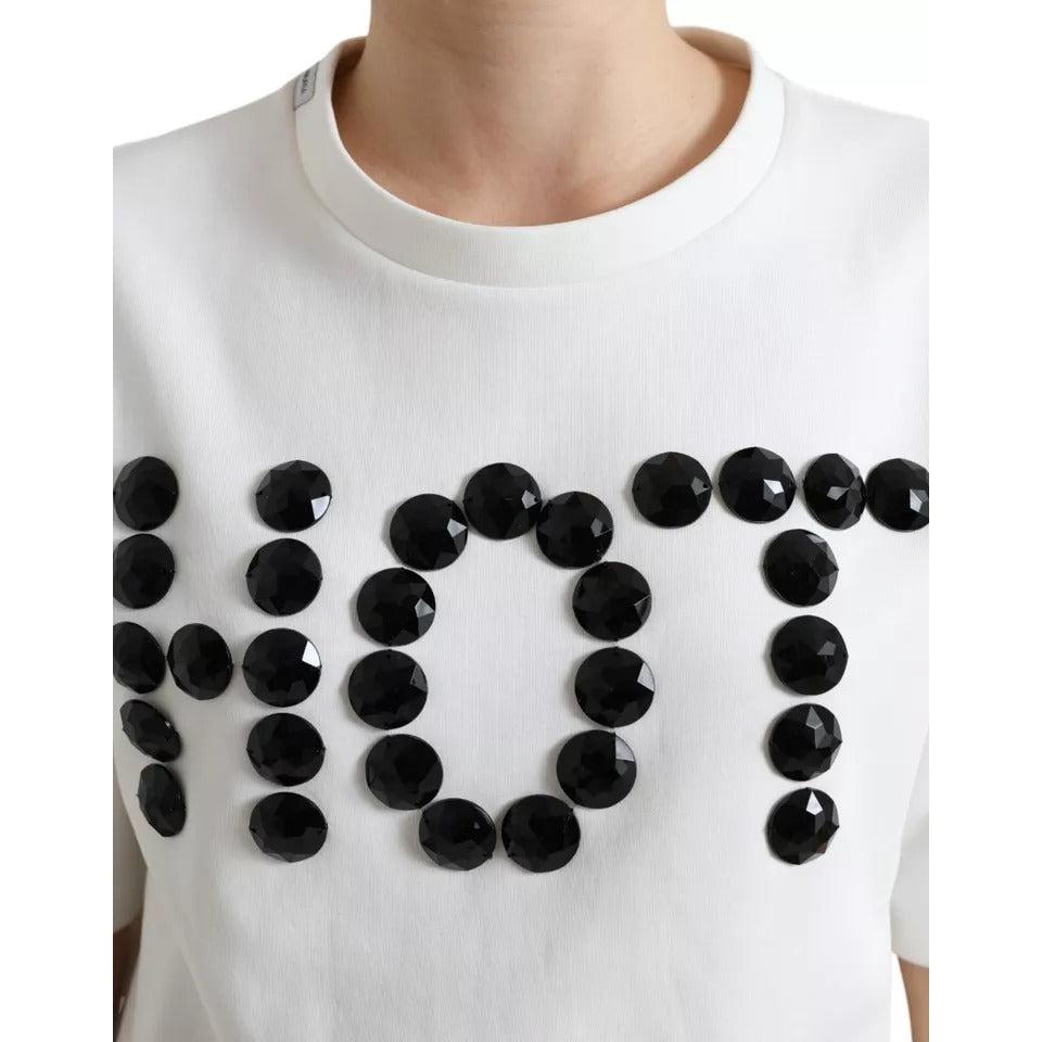Dolce &amp; Gabbana White Cotton Stretch Black HOT Crystal T-shirt
