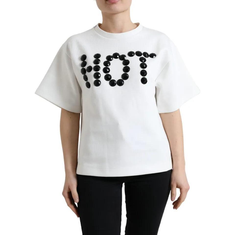 Dolce &amp; Gabbana White Cotton Stretch Black HOT Crystal T-shirt