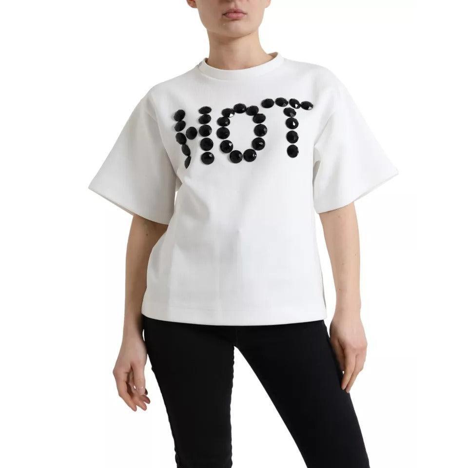 Dolce &amp; Gabbana White Cotton Stretch Black HOT Crystal T-shirt