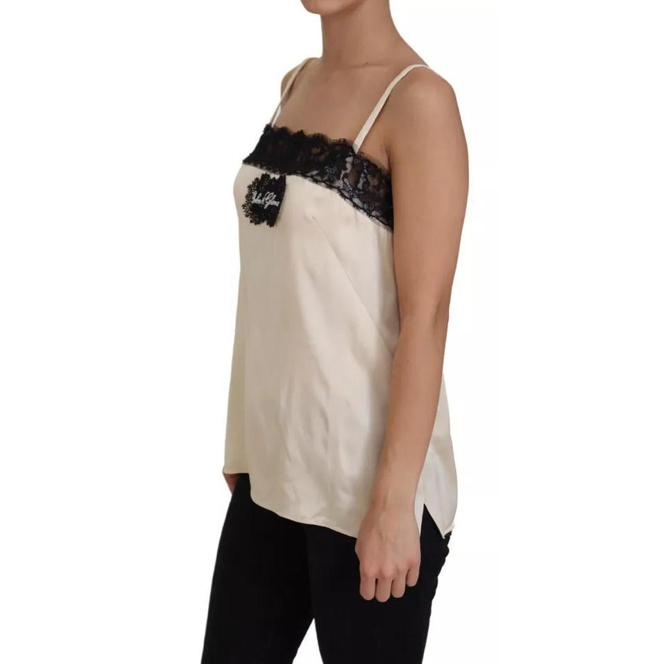 Dolce &amp; Gabbana Beige Lace Spaghetti Logo Embroidery Top