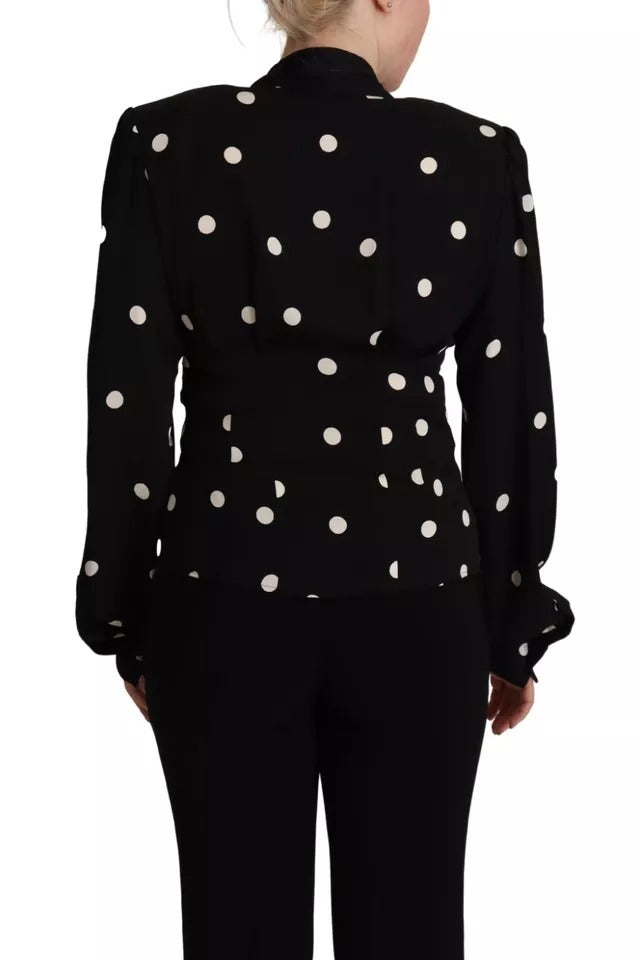 Dolce & Gabbana Black Polka Dots Silk Pussy Bow Long Sleeves Top