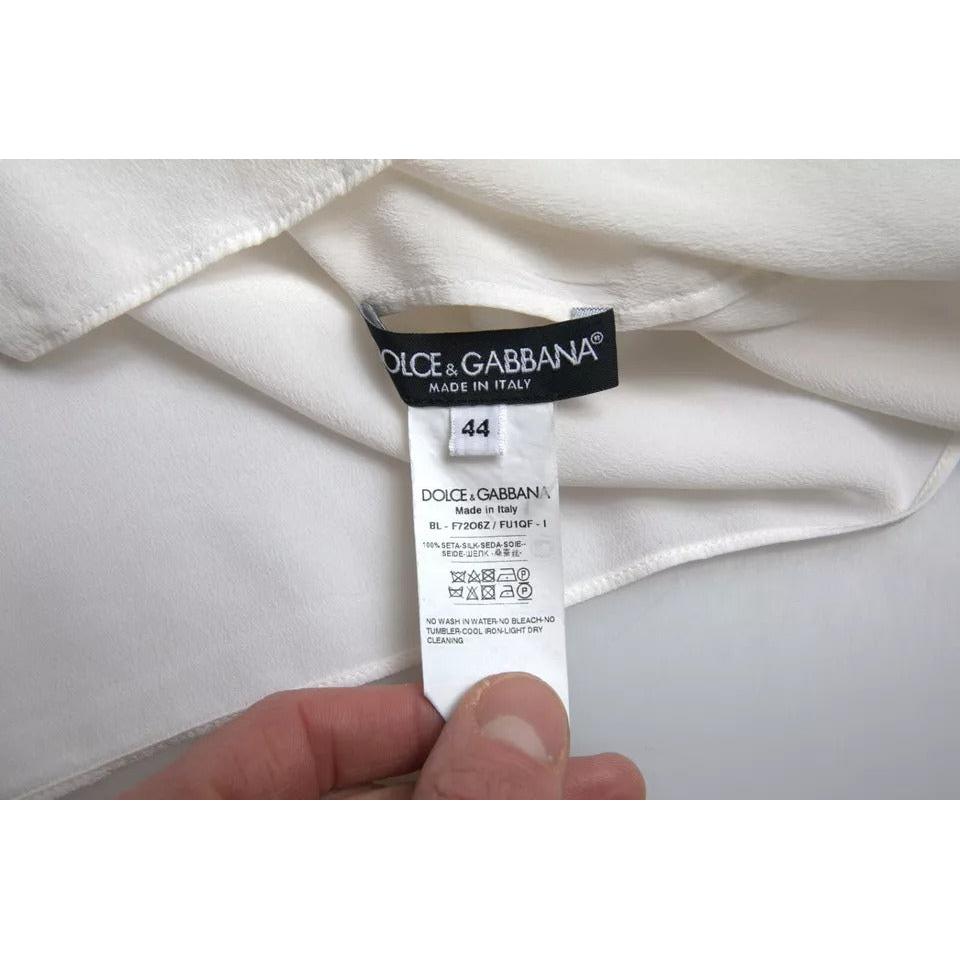 Dolce &amp; Gabbana White Floral Silk Ascot Collared Top Blouse