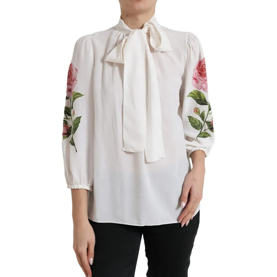 Dolce & Gabbana White Floral Silk Ascot Collared Top Blouse