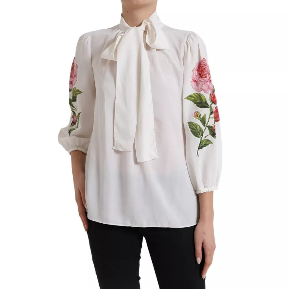 Dolce & Gabbana White Floral Silk Ascot Collared Top Blouse