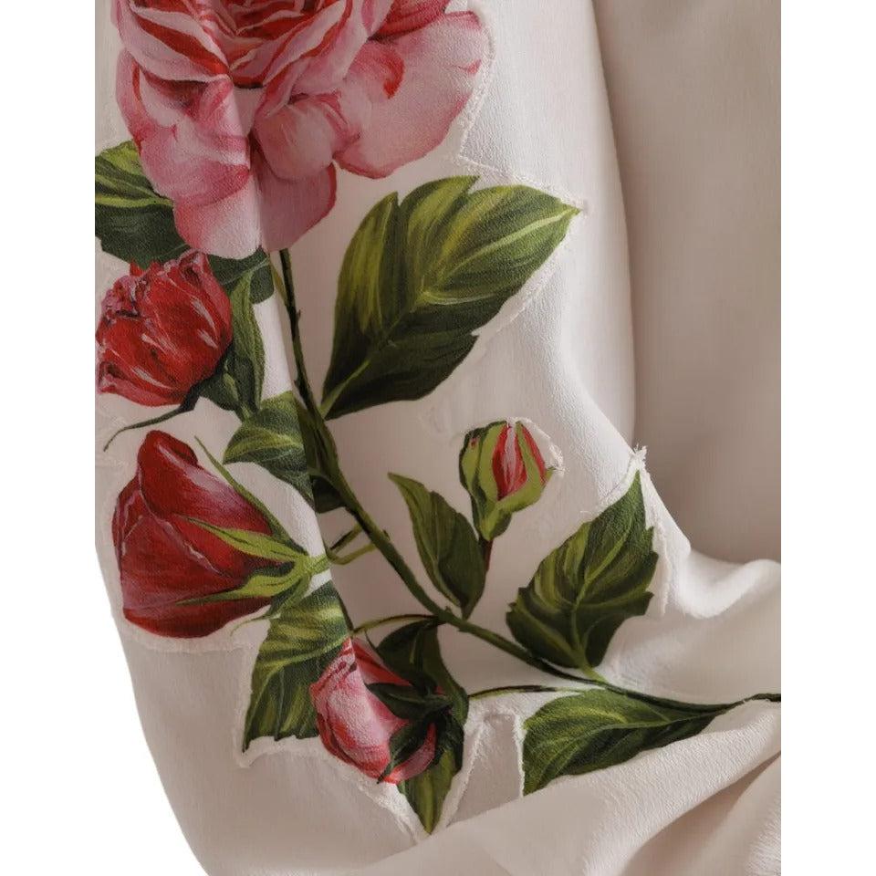 Dolce &amp; Gabbana White Floral Silk Ascot Collared Top Blouse