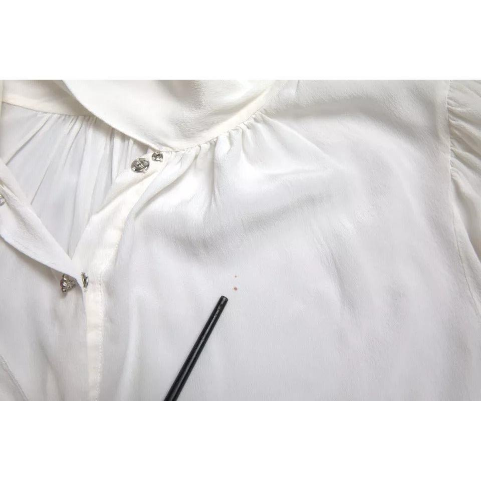 Dolce &amp; Gabbana White Floral Silk Ascot Collared Top Blouse