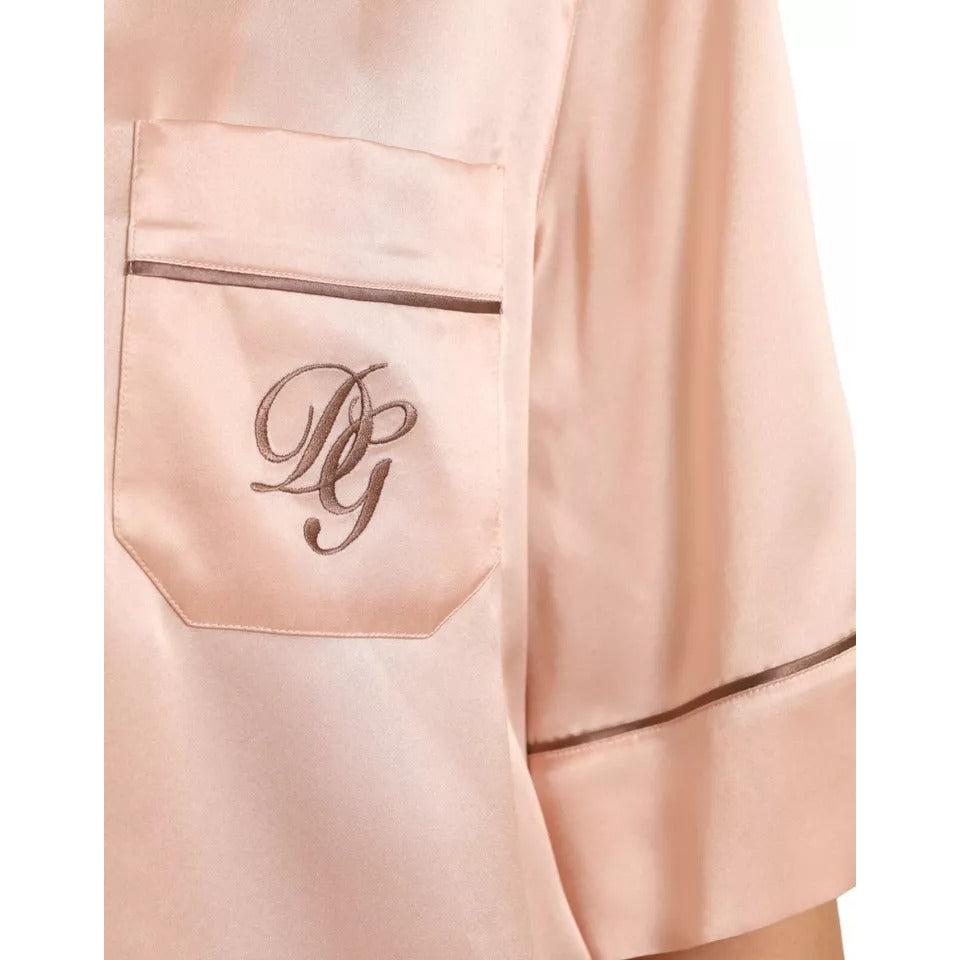 Dolce &amp; Gabbana Pink Silk Long Sleeves Logo Pajama Blouse Top