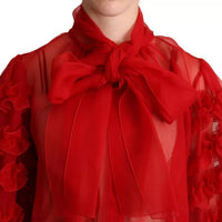 Dolce & Gabbana Red Silk Ascot Collar Ruffles Blouse Top