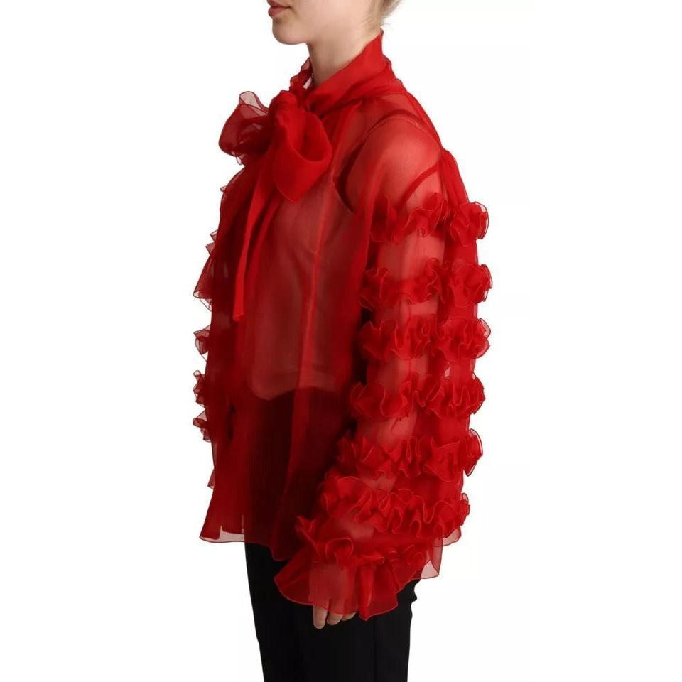 Dolce &amp; Gabbana Red Silk Ascot Collar Ruffles Blouse Top
