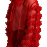 Dolce & Gabbana Red Silk Ascot Collar Ruffles Blouse Top