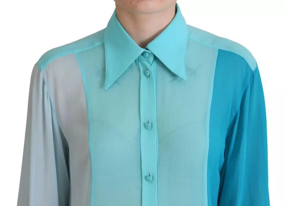 Dolce & Gabbana Blue Collar Long Sleeve Blouse Silk Top