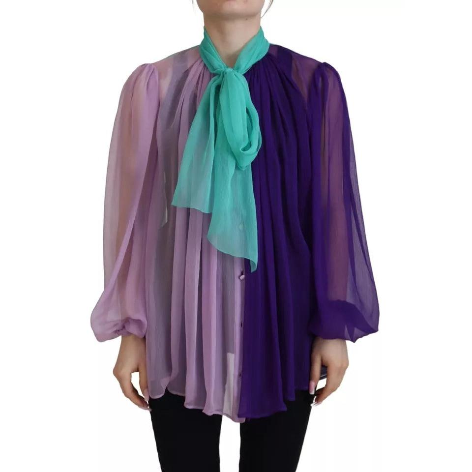 Dolce &amp; Gabbana Multicolor Long Sleeves Ascot Collar Silk Top