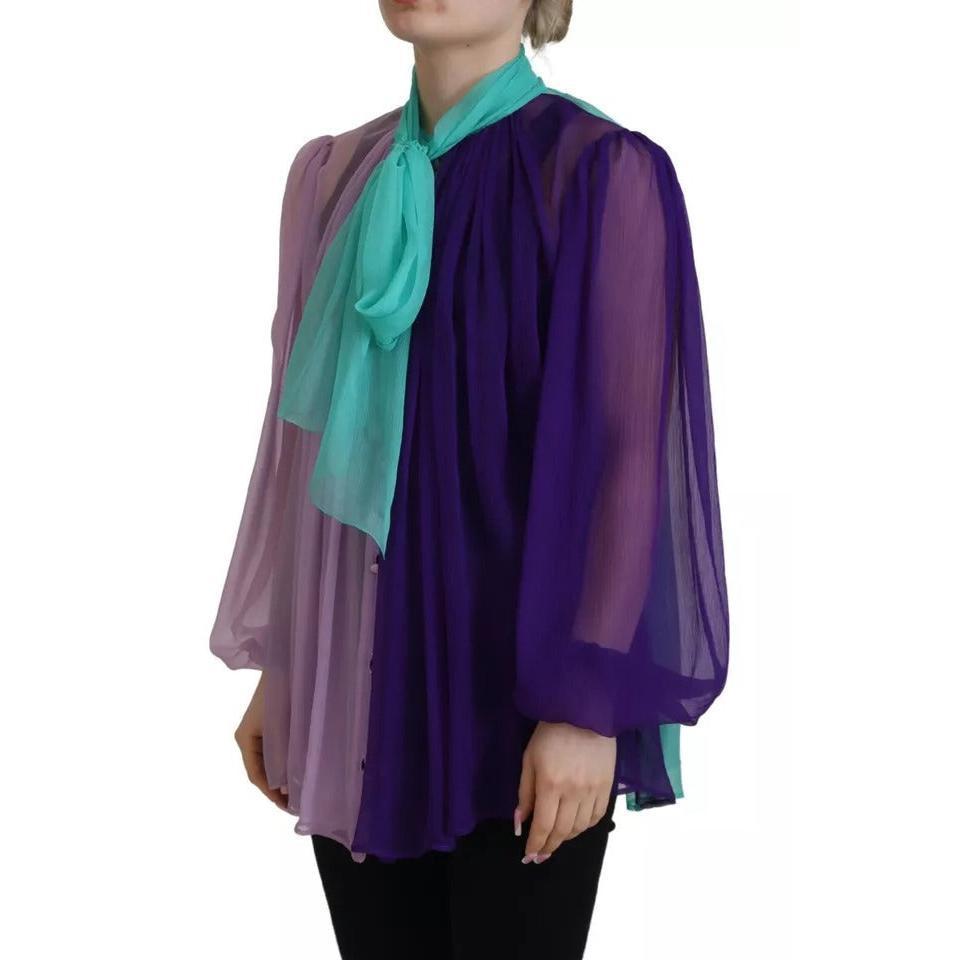 Dolce &amp; Gabbana Multicolor Long Sleeves Ascot Collar Silk Top