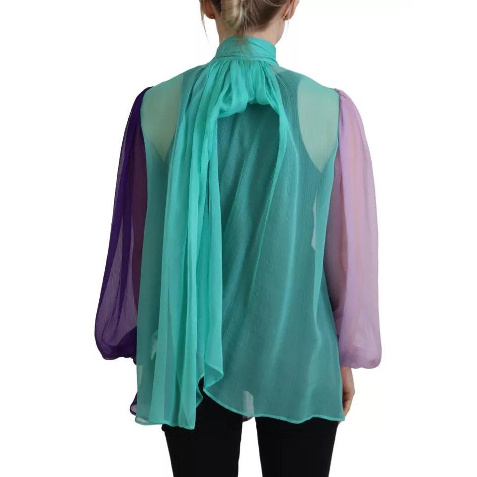 Dolce &amp; Gabbana Multicolor Long Sleeves Ascot Collar Silk Top