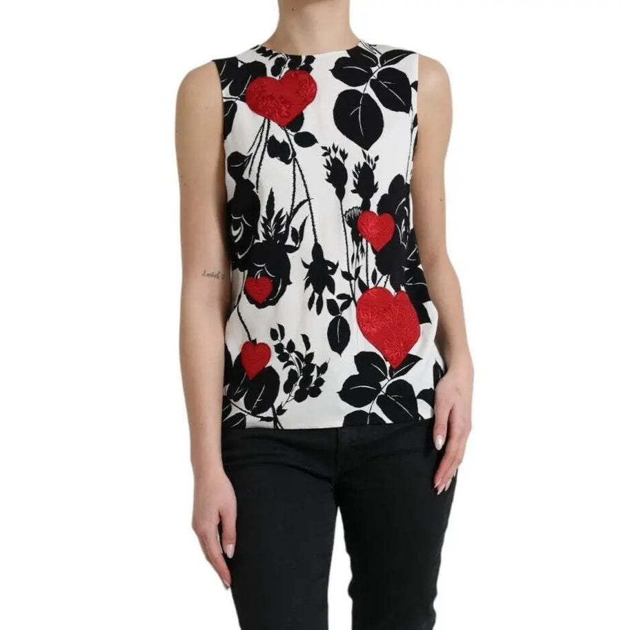 Dolce & Gabbana White Rose Print Heart Embroidered Tank Top