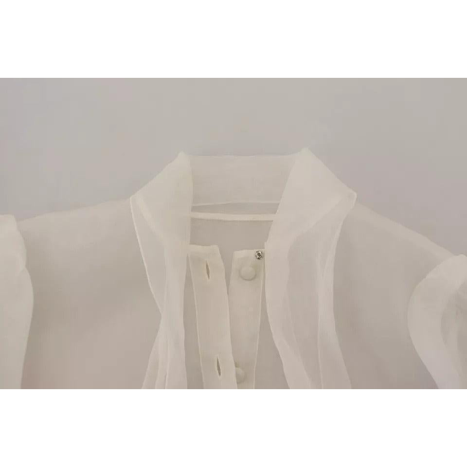 Dolce &amp; Gabbana White Ascot Collar Long Sleeves Blouse Top