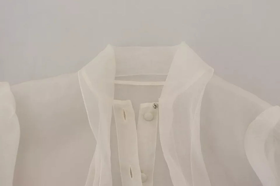 Dolce & Gabbana White Ascot Collar Long Sleeves Blouse Top