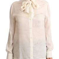 Dolce & Gabbana White Blouse Ascot Collar Shirt Silk Button Top