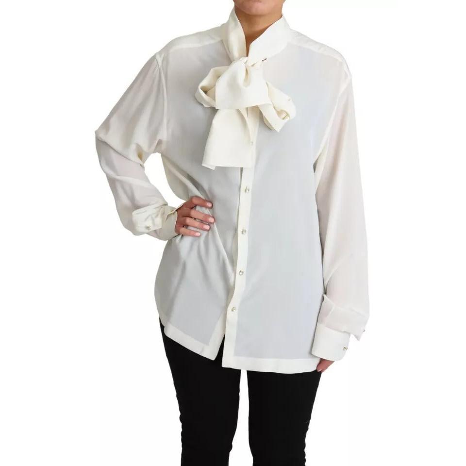 Dolce &amp; Gabbana White Blouse Ascot Collar Shirt Silk Top